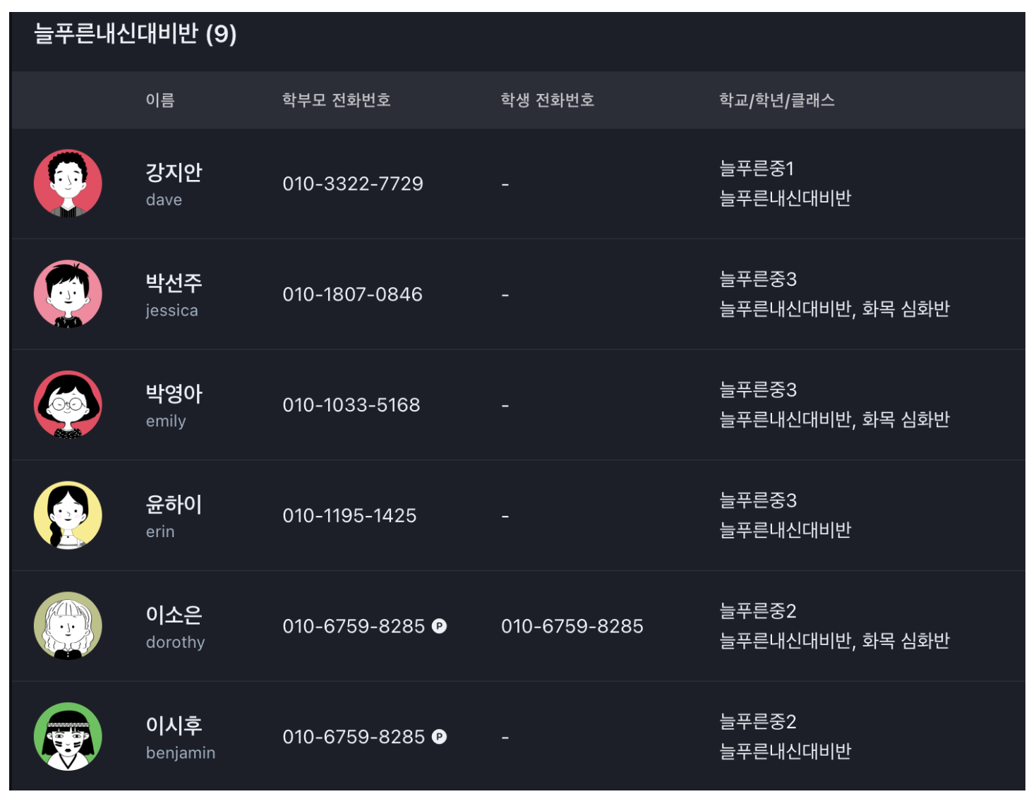 학원관리프로그램 어나더클래스 학생정보에 닉네임 기록 가능, 조회와 검색 지원