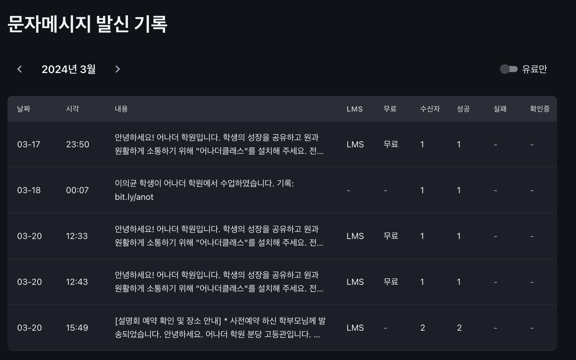학원관리프로그램 어나더클래스 학원소통을 위한 필수! 문자메시지 보내기