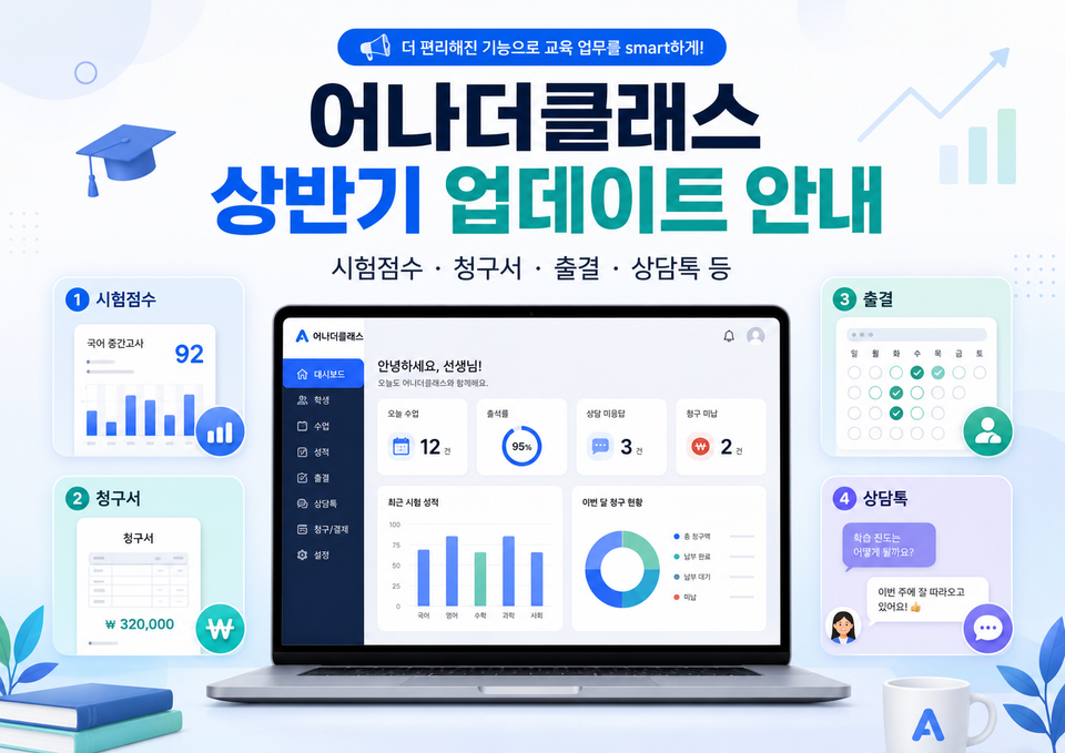 📢 [어클 소식] 2026년 상반기 학원관리프로그램 어나더클래스 주요 업데이트 총정리! (시험점수/청구서/출결/상담톡 등)